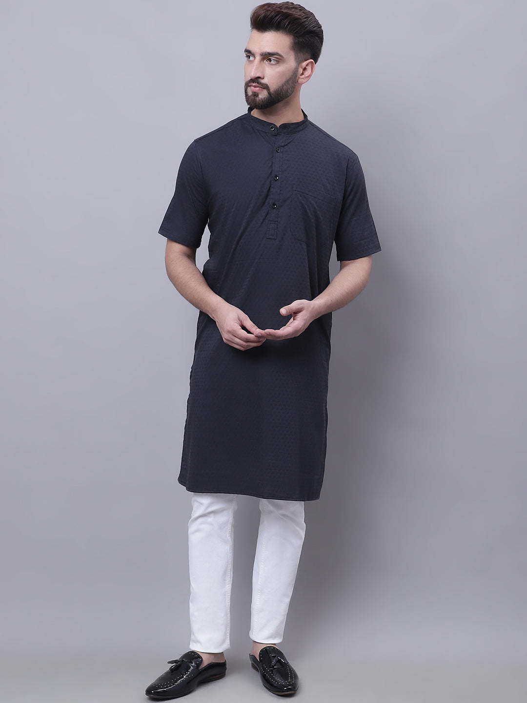 Even Apparels Black Pure Cotton Short Sleeves Kurta With Band Collar | Grab2Buy