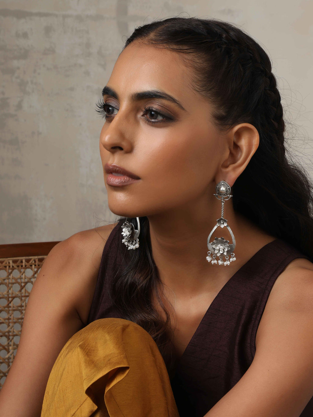 trueBrowns Silver Tone Floral Chandbaali Earrings | Grab2Buy