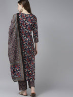 Yufta Women Navy Blue & Red Floral Printed Pure Cotton Kurta with Trouser and Dupatta | Grab2Buy