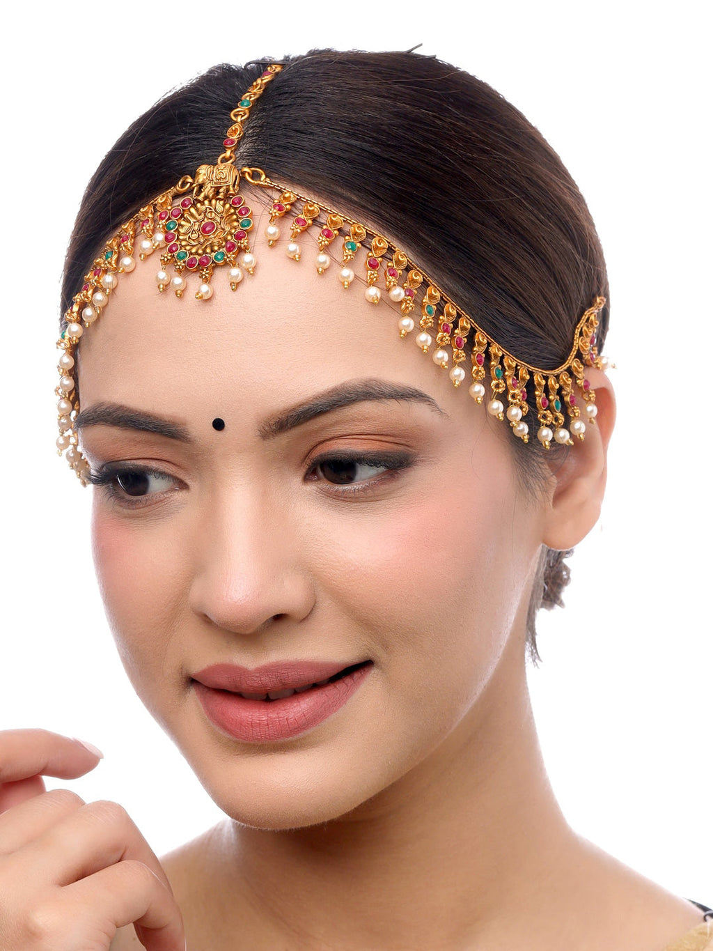 Yellow Chimes Women Gold-Polished,Maroon,Green White Pearl Hanging Bridal Mathapatti | Grab2Buy