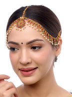 Yellow Chimes Women Gold-Polished,Maroon,Green White Pearl Hanging Bridal Mathapatti | Grab2Buy