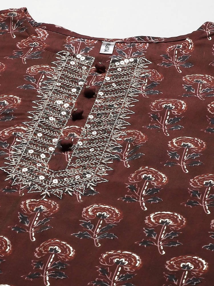 Yufta Women Maroon Floral Printed Regular Kurta with Palazzo & With Dupatta | Grab2Buy