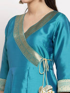 Myshka Women's Green Silk Solid 3/4 Sleeve V Neck Casual Anarkali Gown | Grab2Buy