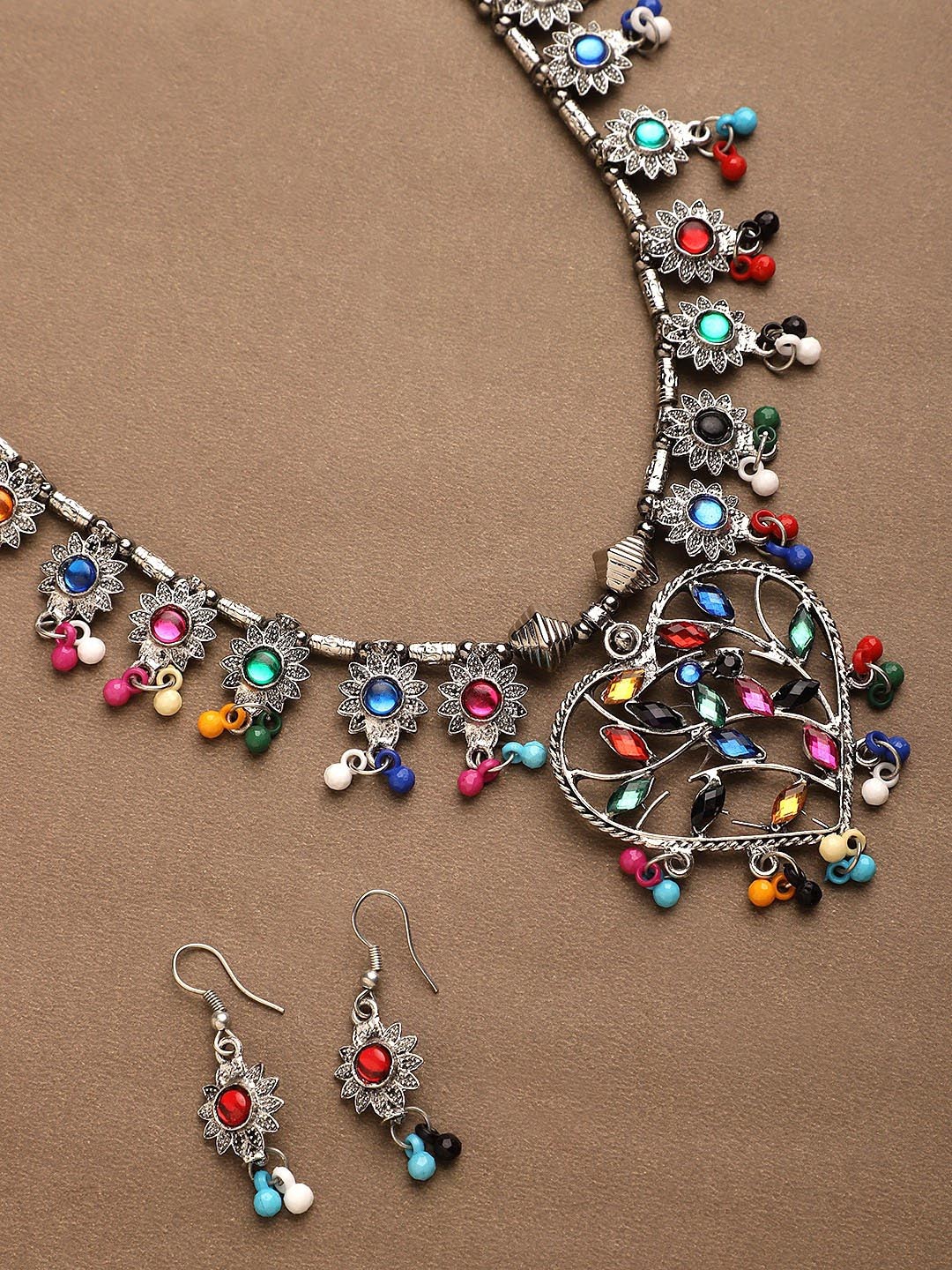 Cardinal Multi-Colored Heart Oxidised Long Jewellery Set | Grab2Buy