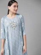 Yufta Women Blue & White Floral Printed Ethnic A-Line Midi Dress with Jacket | Grab2Buy