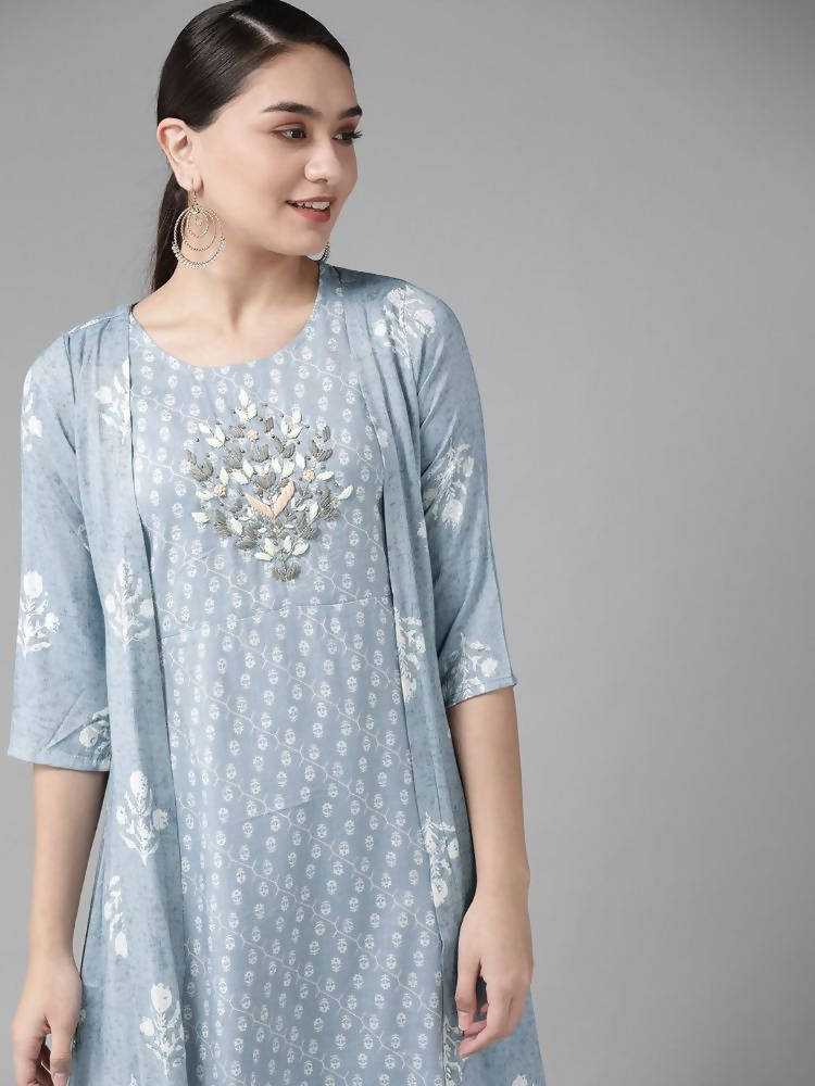 Yufta Women Blue & White Floral Printed Ethnic A-Line Midi Dress with Jacket | Grab2Buy