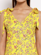 Myshka Women's Yellow Cotton Printed Sleeveless V Neck Casual Dress | Grab2Buy