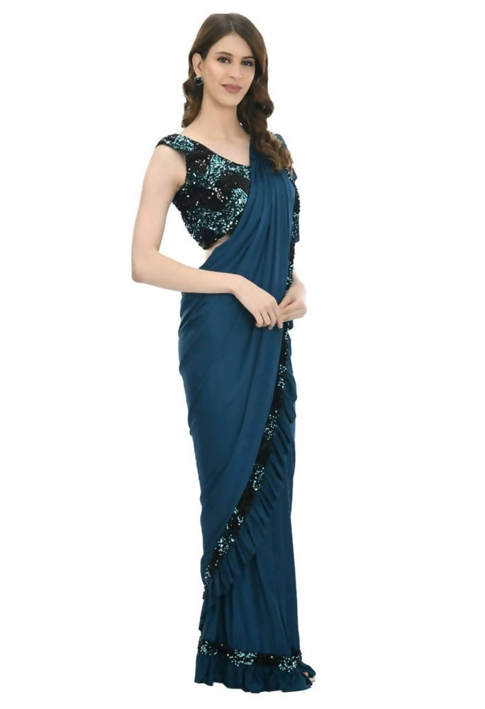 Mominos Fashion All Season Wear Peacock Blue And Black Ruffled Ready To Wear Saree | Grab2Buy