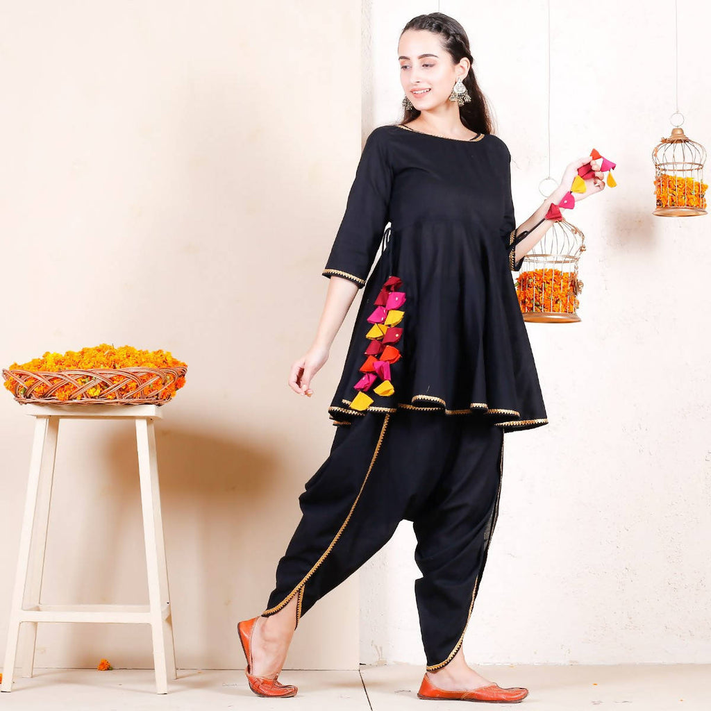 Cheera Black Dhoti Peplum Top Set With Multicolour Tassels (CH125KD) | Grab2Buy