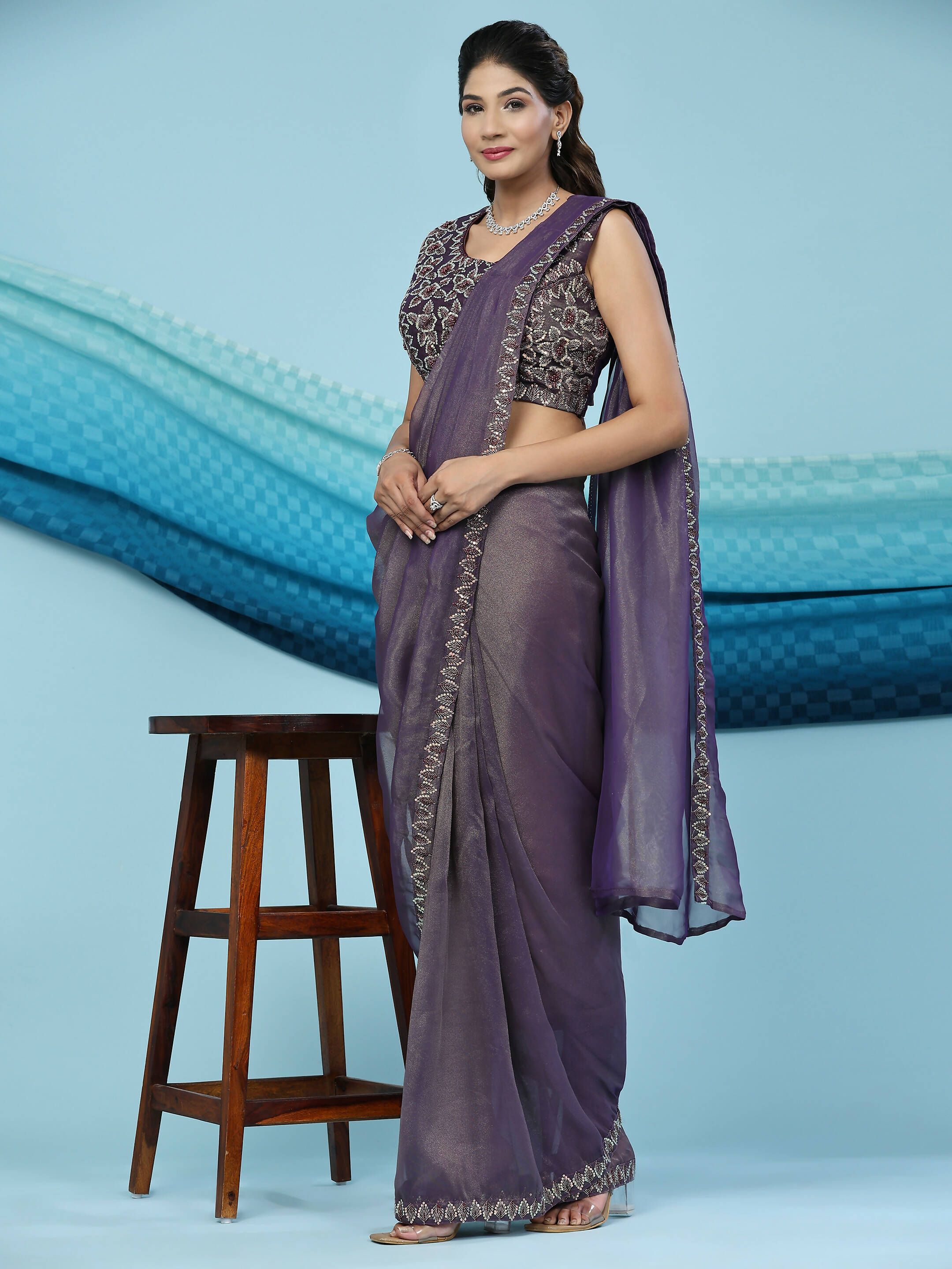 Purple Lycra Shimmer Pattern Ready to Wear Saree with stitched Blouse - Nirvana | Grab2Buy