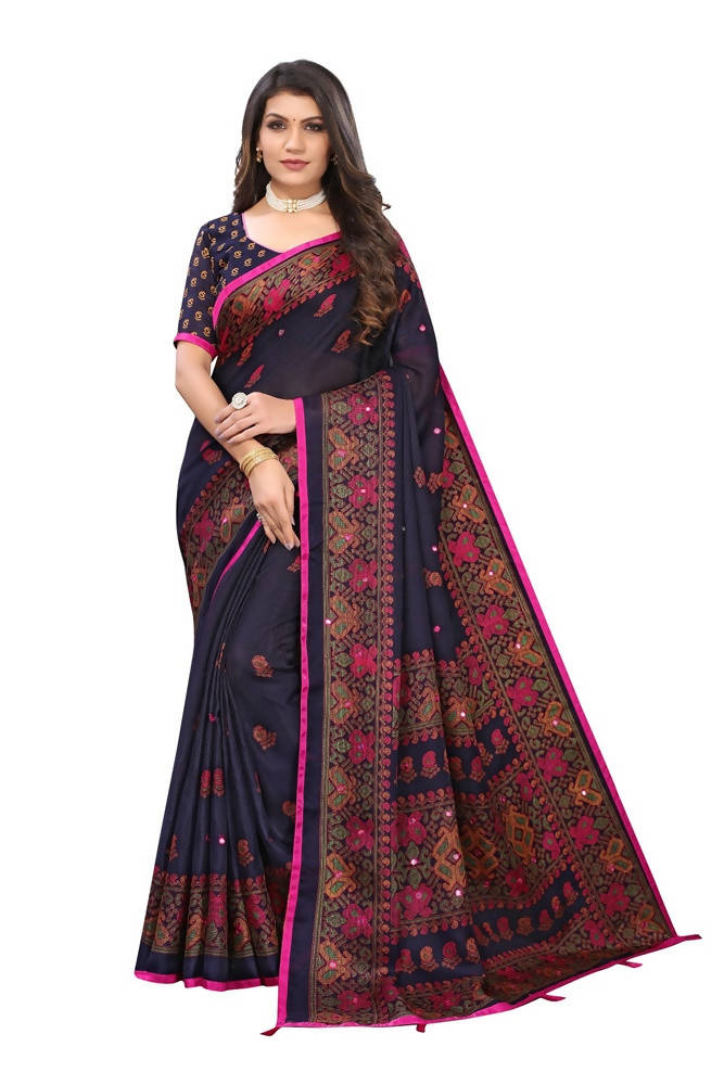 Vamika Blue Color Jute Silk Mirror Work Saree | Grab2Buy