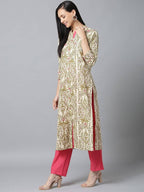 Yufta Women Cream & Pink Printed Kurta with Trouser | Grab2Buy