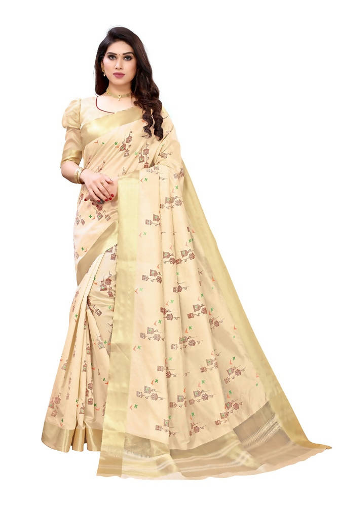 Vamika Cream Color Cotton Polyester Silk Weaving Saree | Grab2Buy