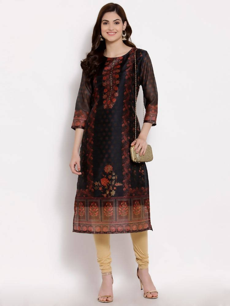Myshka Women's Multi Chanderi Silk 3/4 Sleeve Round Neck Printed Casual kurta | Grab2Buy