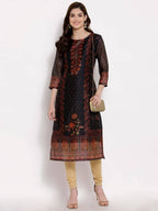 Myshka Women's Multi Chanderi Silk 3/4 Sleeve Round Neck Printed Casual kurta | Grab2Buy