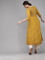 Yufta Women Mustard Yellow & Green Printed A-Line Panelled Kurta | Grab2Buy