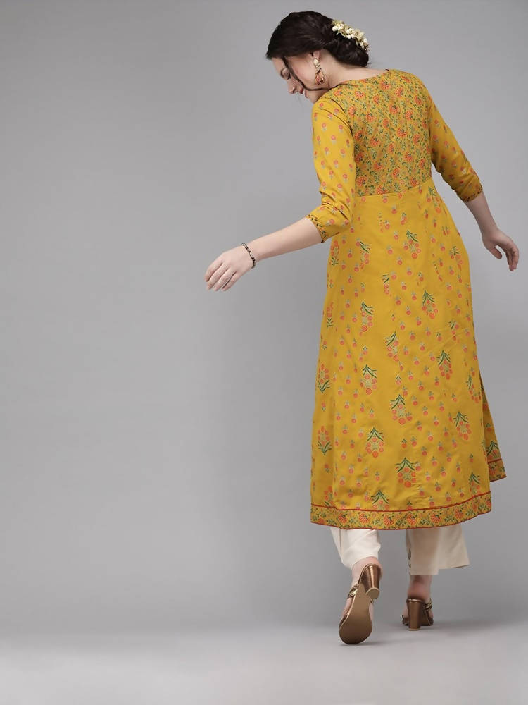 Yufta Women Mustard Yellow & Green Printed A-Line Panelled Kurta | Grab2Buy