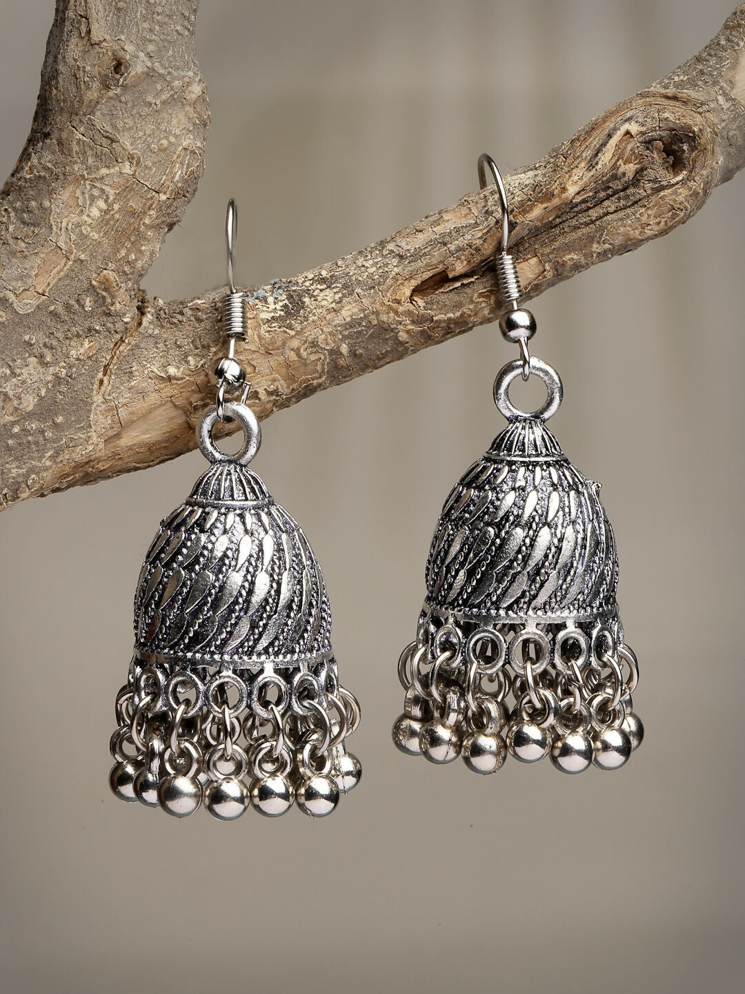 NVR Women's Silver-Toned German Silver Oxidised Dome Shaped Jhumka Earrings | Grab2Buy