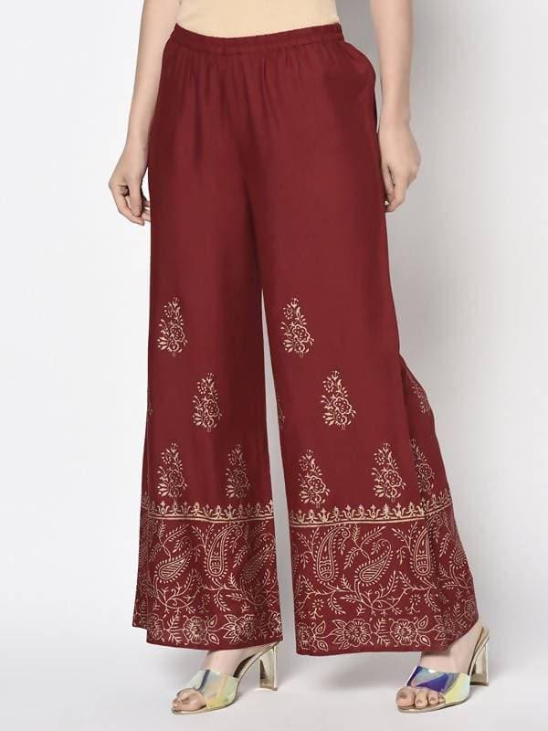 Aniyah Rayon Maroon Color Block Print Flared Slip-On Palazzo (AN-213K) | Grab2Buy