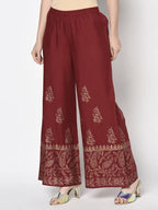 Aniyah Rayon Maroon Color Block Print Flared Slip-On Palazzo (AN-213K) | Grab2Buy