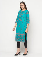 Aniyah Turquoise Cotton Block Print Straight Kurta | Grab2Buy