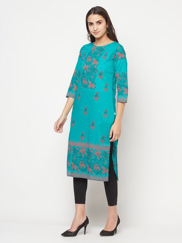 Aniyah Turquoise Cotton Block Print Straight Kurta | Grab2Buy