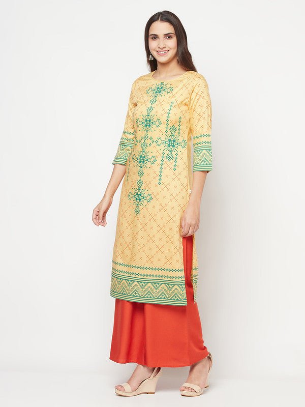 Aniyah Rayon Digital Screen Print Golden Beige Straight Kurta | Grab2Buy