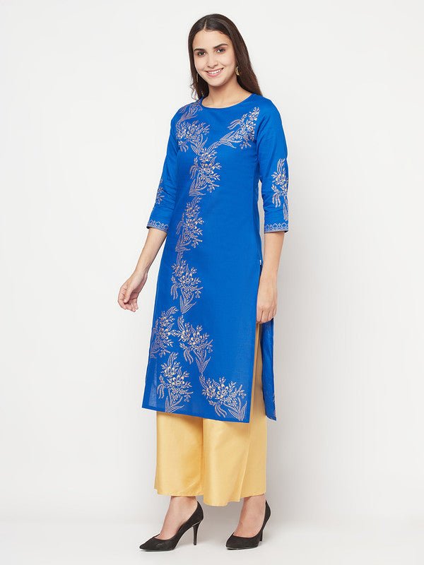 Aniyah Cotton Foil Print Royal Blue Straight Kurta | Grab2Buy