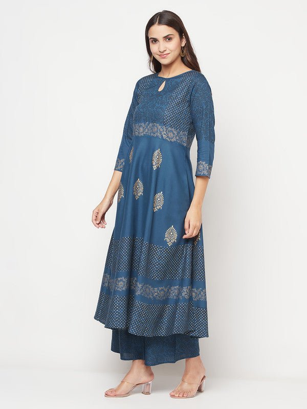 Aniyah Rayon Block Print Blue Anarkali Kurta | Grab2Buy