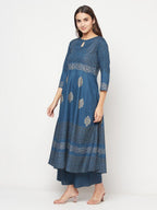 Aniyah Rayon Block Print Blue Anarkali Kurta | Grab2Buy