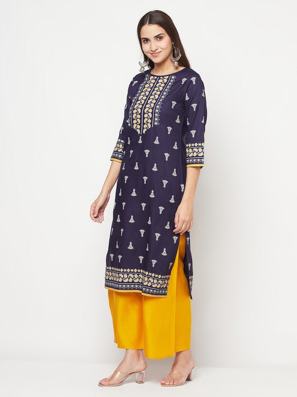 Aniyah Rayon Screen Print Navy Blue Straight Kurta | Grab2Buy