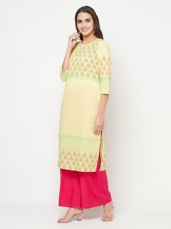Aniyah Cotton Block Print Lemon Yellow Straight Kurta | Grab2Buy