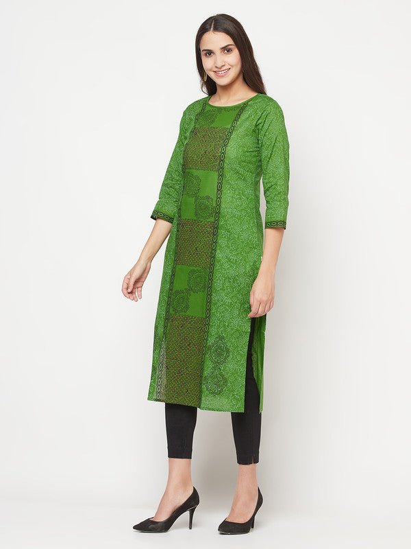 Aniyah Cotton Block Print Green Straight Kurta | Grab2Buy