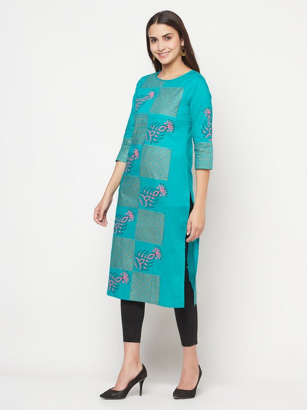 Aniyah Cotton Block Print Turquoise Straight Kurta | Grab2Buy