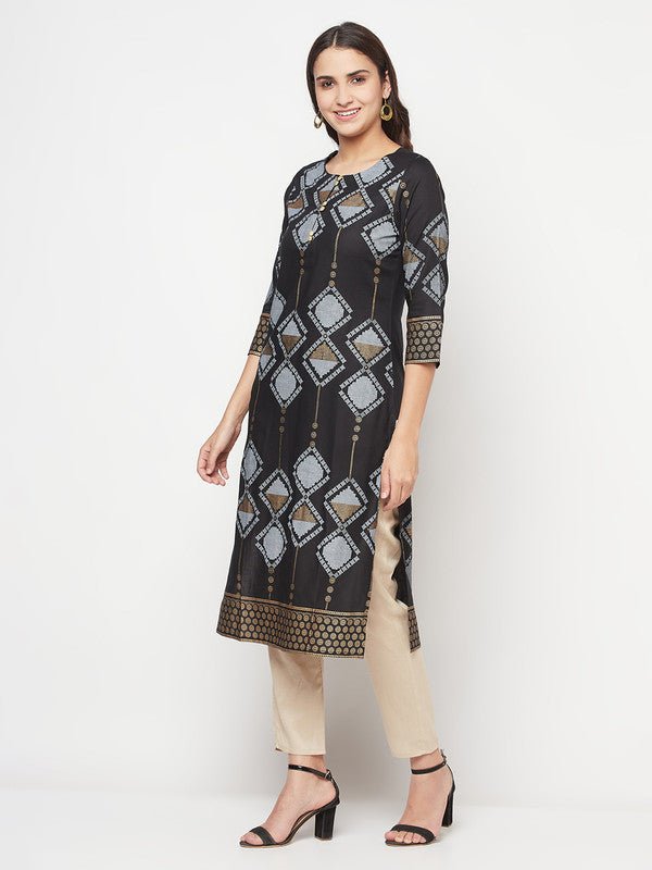 Aniyah Rayon Screen Print Black Straight Kurta | Grab2Buy