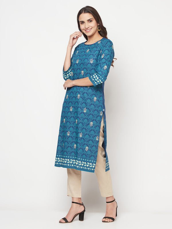 Aniyah Rayon Digital Screen Printed Blue Color Straight Kurta | Grab2Buy