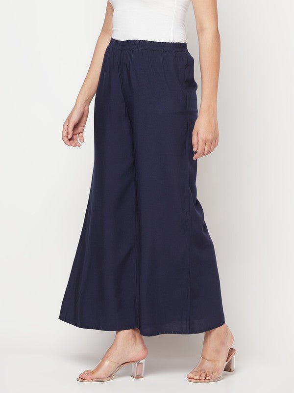 Aniyah Rayon Flared Slip-On Navy Blue Palazzo | Grab2Buy