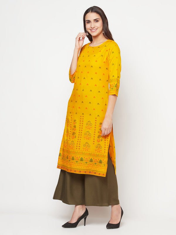 Aniyah Rayon Screen Print Mustard Straight Kurta | Grab2Buy
