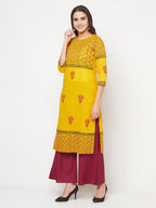 Aniyah Mustard Cotton Block Print Straight Kurta | Grab2Buy