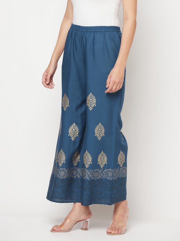 Aniyah Rayon Block Print Flared Slip-on Blue Palazzo | Grab2Buy