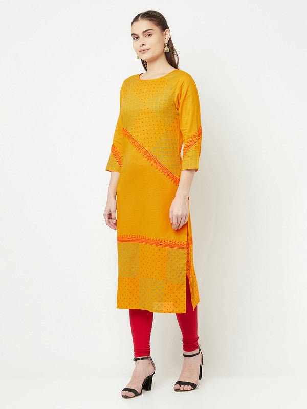 Aniyah Cotton Block Print Mustard Color Straight Kurta | Grab2Buy