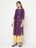 Aniyah Cotton Foil Print Purple Straight Kurta | Grab2Buy