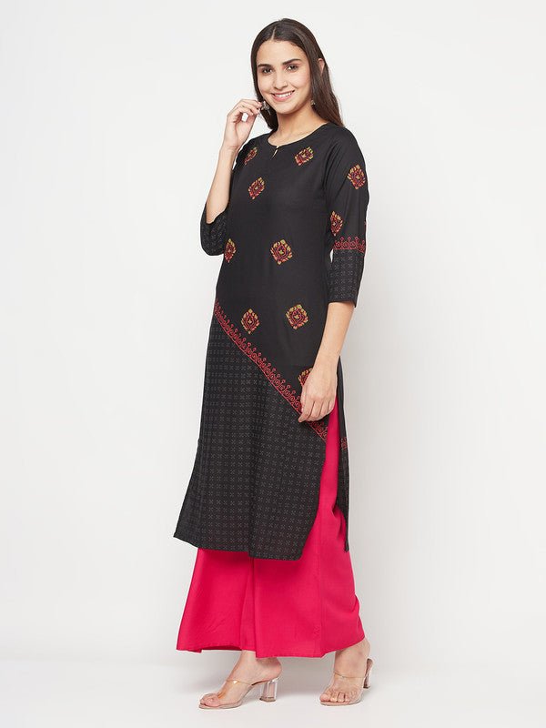 Aniyah Rayon Block Print Straight Kurta - Black | Grab2Buy