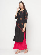 Aniyah Rayon Block Print Straight Kurta - Black | Grab2Buy