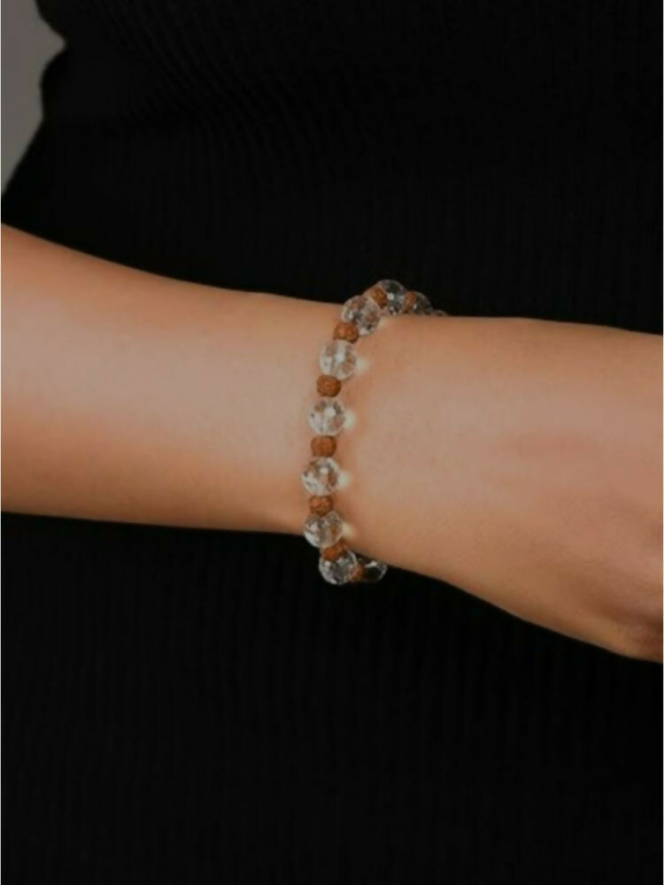 NVR Natural Rudraksha & Quartz Beaded Stretchable Bracelet | Grab2Buy