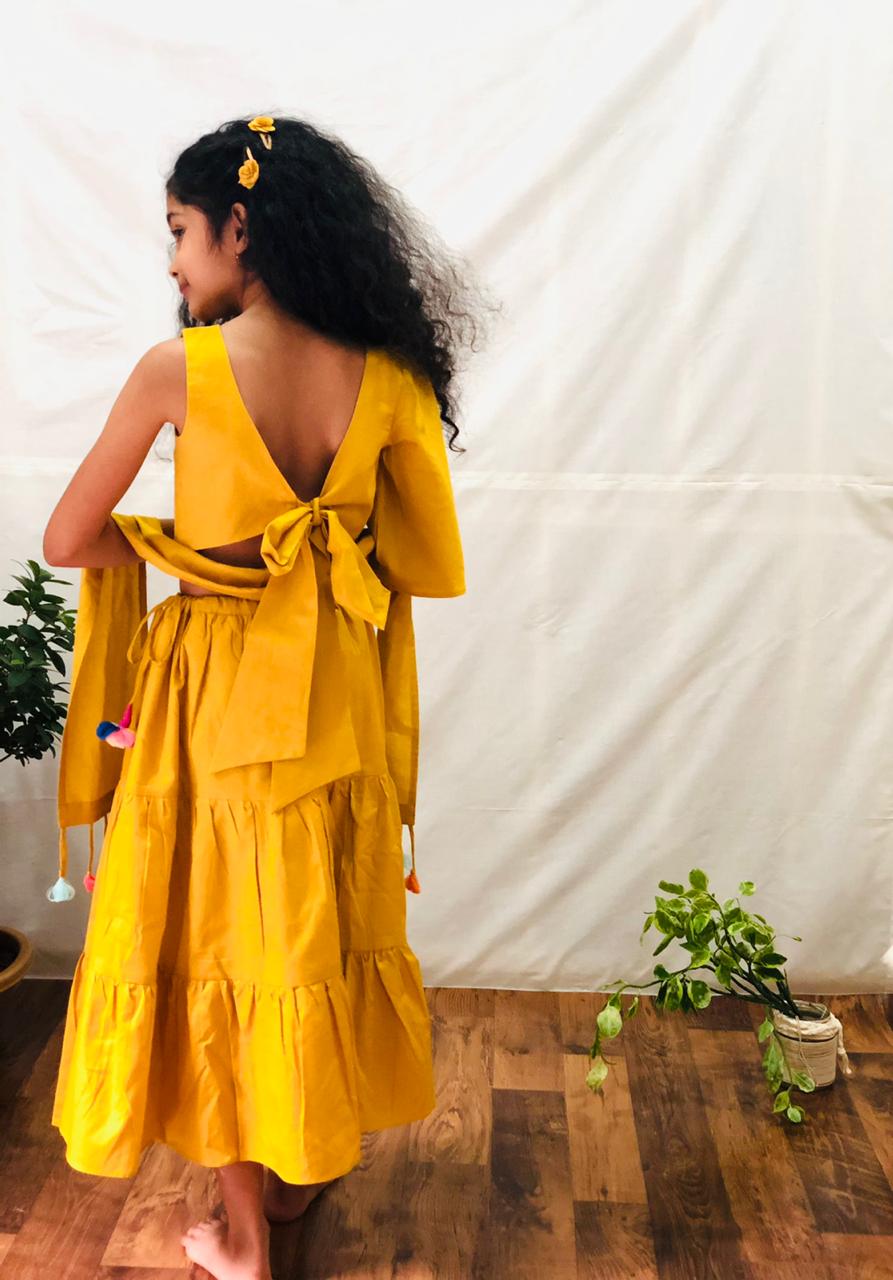 ArthLife Owl Embroidery Mustard Yellow Ghagara Dress | Grab2Buy