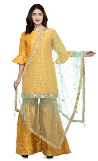 A R Silk Women's Net Net Chandna Handwork With Moti Laish Light Firozi Fancy Dupatta | Grab2Buy