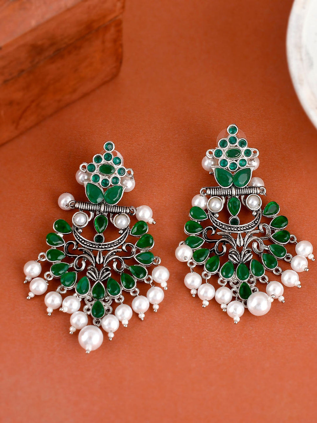 Shoshaa Silver-Plated Green Handcrafted Drop Earrings With Pearl | Grab2Buy