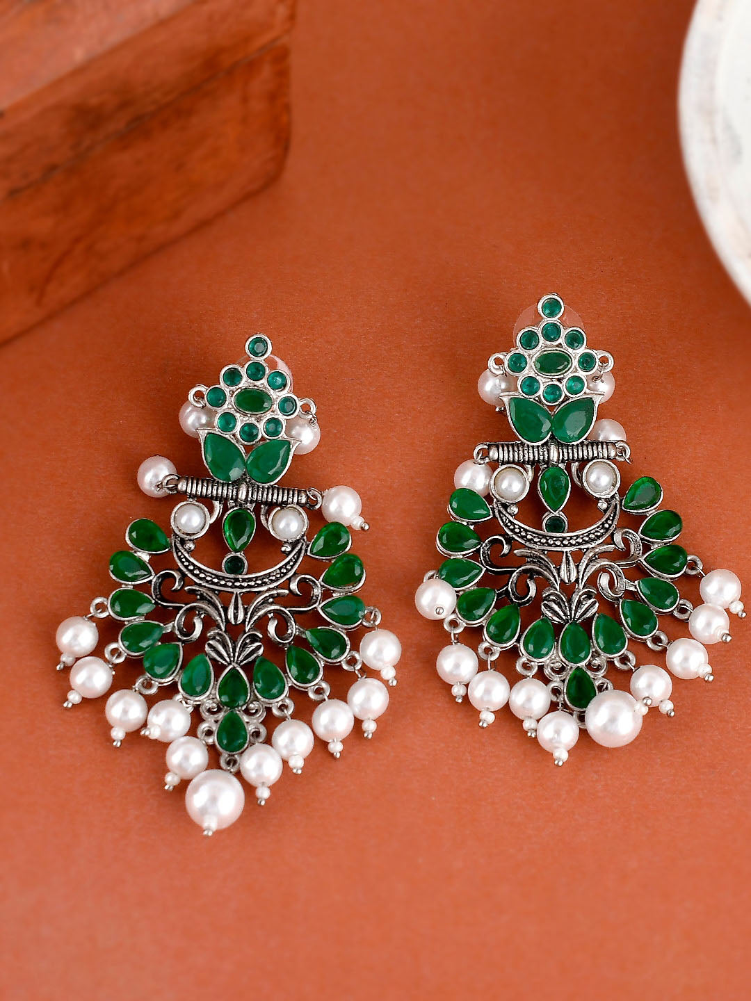 Shoshaa Silver-Plated Green Handcrafted Drop Earrings With Pearl | Grab2Buy