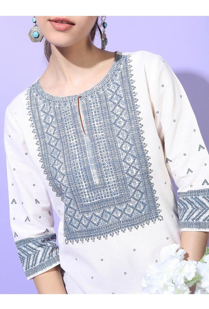 Maai Rayon Hand Printed Kurta White | Grab2Buy